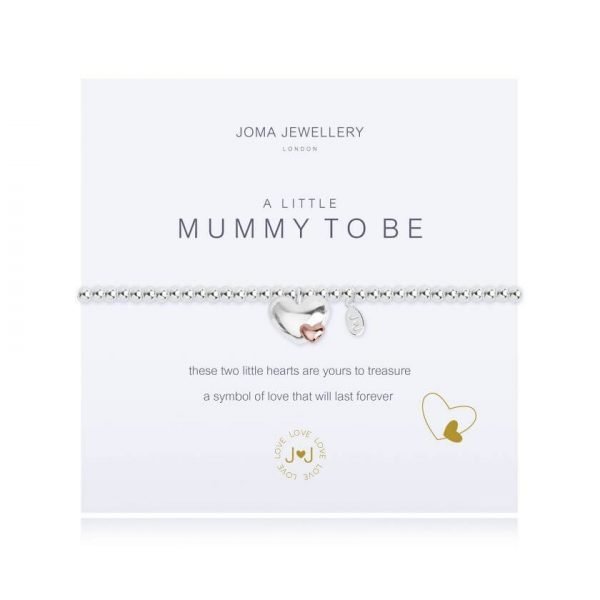 The A Little Mummy To Be Bracelet is a silver bracelet on a sentiment card in a cardboard pouch.