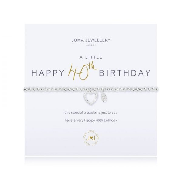 A Little Happy 40th Birthday Bracelet. A silver plated bracelet with a glittering heart charm set with clear crystals. Presented on a card with an adorable poem. This special bracelet is just to say, have a very Happy 40th Birthday.