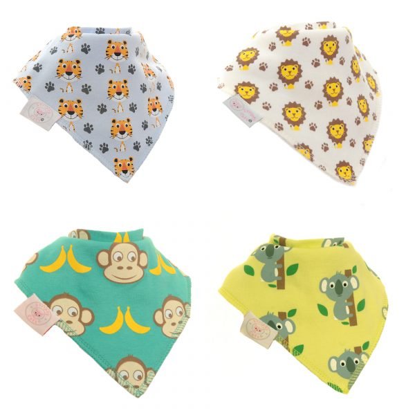 A set of 4 super absorbent cotton dribble bibs. Each has a different design, there's Livingston Lion, Terence Tiger, Marley Monkey and Kimmi Koala. The bibs are in predominately green and blue colours and come in a box