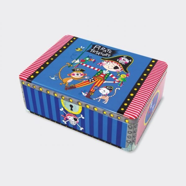 A bright, colourful storage tin for little boys with a fabulous pirate design in blue and red.