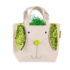 A cream linen bag with a bunny face. A cute pom pom bobble nose and flopsy sequined ears. Available in silver or green