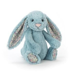 Jellycat bunny soft toy. Aqua blue bunny with flowery fabric paws and ears a great gift for a newborn baby