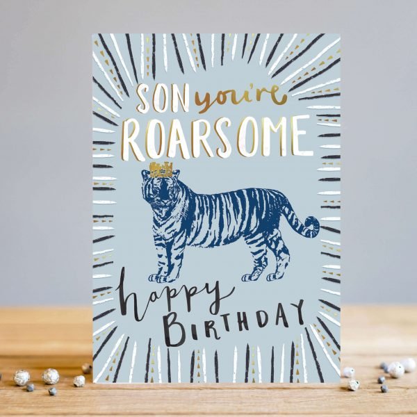 Son you're roarsome birthday card featuring a tiger illustration