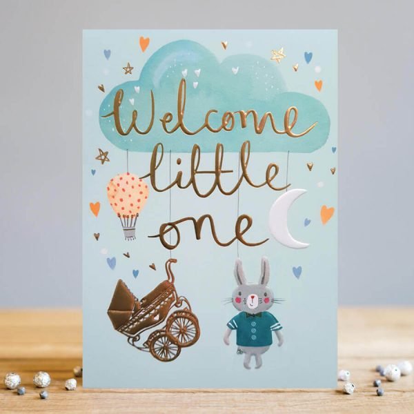 A card to welcome a new baby boy into the world. A blue card with Welcome Little One in gold foil and a cute rabbit design