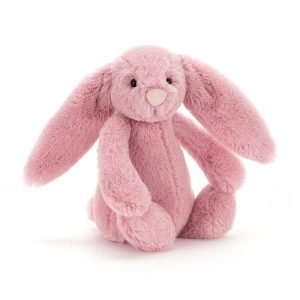 Small Bashful Tulip bunny from Jellycat. A cute bunny rabbit cuddly toy with huge ears in tulip pink. Suitable from birth, a lovely gift for a new born baby,