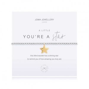 Joma jewellery a little you're a star bracelet. An elasticated bracelet with silver plated beads and a gold plated star charm presented on a white card printed with the words 