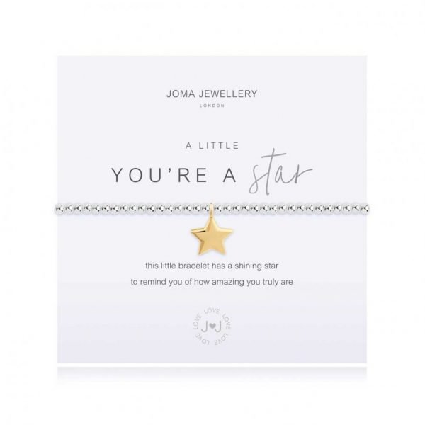 Joma jewellery a little you're a star bracelet. An elasticated bracelet with silver plated beads and a gold plated star charm presented on a white card printed with the words " this little bracelet has a shining star to remind you of how amazing you truly are."