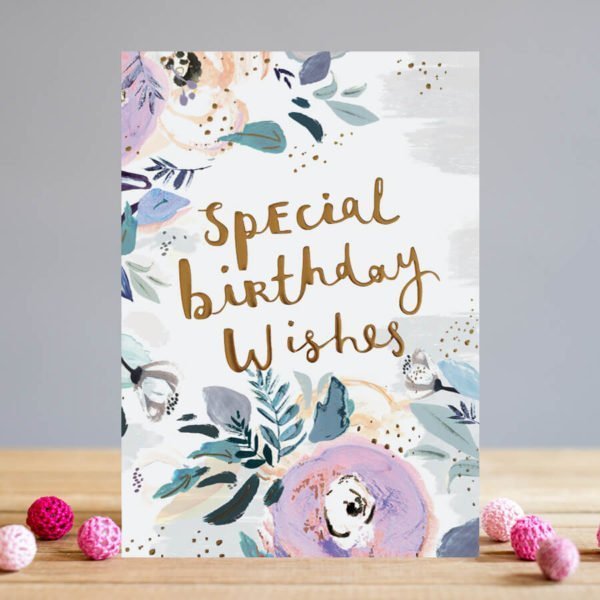 A stunning rectangular card with a floral design which has embossed printed foild decoration. The words Special Birthday Wishes are also embossed and printed in gold foil in the centre of the card.