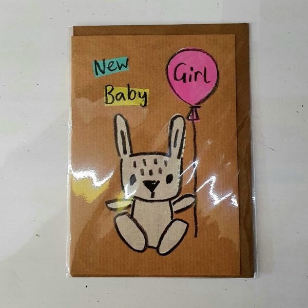 a new baby card for a girl with a crayon drawing of a cute rabbit holding a balloon