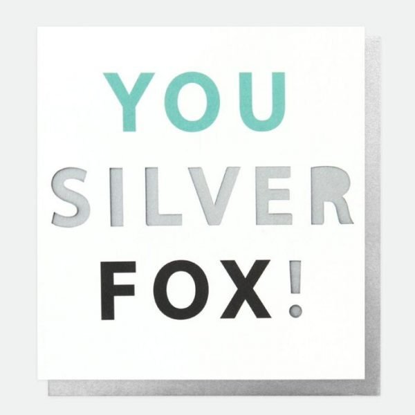 A designer typographic birthday card from Caroline Gardner. A white card with You Silver Fox! in colourful letters with some of the letters being punched out.