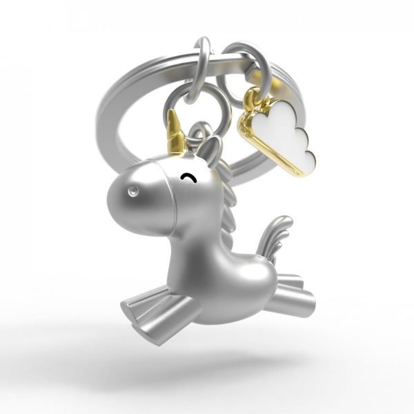 A metal keyring in the shape of a unicorn with a little white cloud