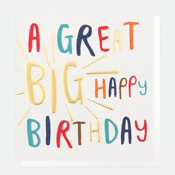 A Caroline Gardner birthday card in pale green with colourful lettering that reads A Great big happy birthday