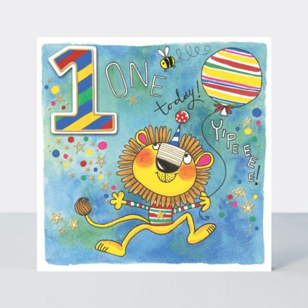 A cute first birthday card with a happy party lion with a balloon