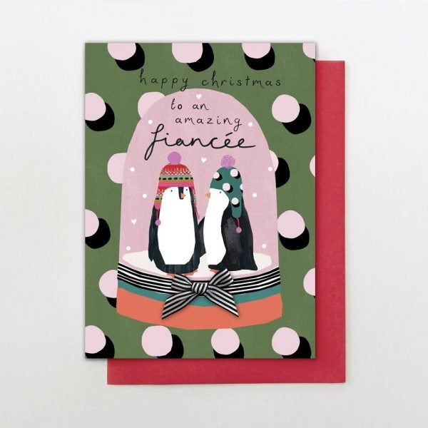 A hand finished Christmas card for your fiancee with a pair of penguins in a snow globe