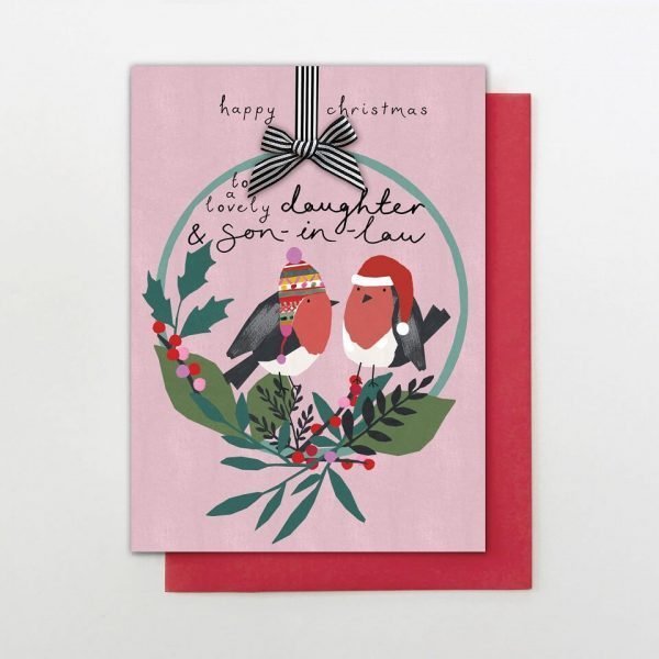 A Christmas card for a lovely Daughter and Son in Law. With a pair of robins in winter hats in a Christmas flower hoop drawn in the Stop the Clock style on a pink background. With the words "happy Christmas to a lovely Daughter and Son in Law"