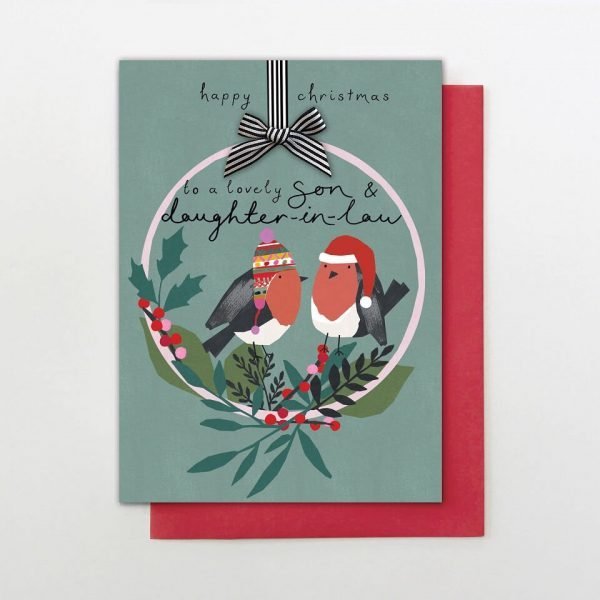 A Christmas card for a lovely Son and Daughter in Law. With a pair or robifs in winter hats in a Christmas flower hoop drawn in the Stop the Clock style on a teal background. With the words "happy Christmas to a lovely Son and Daughter in Law"