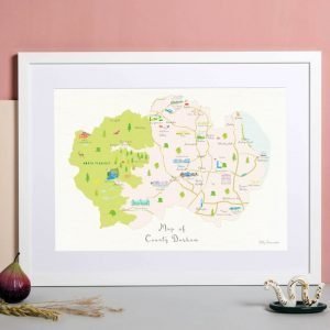 An illustrated map of County Durham A3 print featuring landmarks and areas throughout the county