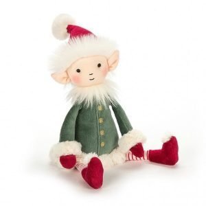 Jellycat Leffy Elf. A cuddly toy elf who has a green coat, a red pointed hat with a pompom, his hat and collar is fluffy and furry. He has red mitts and boots.
