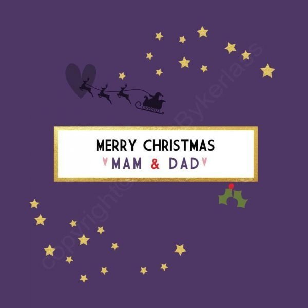 A purple card with gold foil stars and the silhouette of santa flying in his sleigh across a pink hand drawn style heart. The words Merry Christmas Mam and Dad are set in a white rectangle with gold foil border.