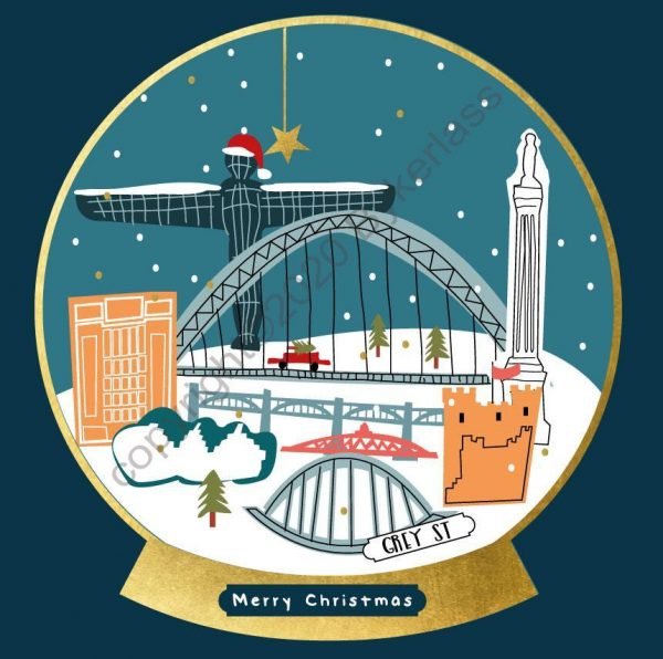 A north east card with a snow globe containing lots of illustrations of North East landmarks.