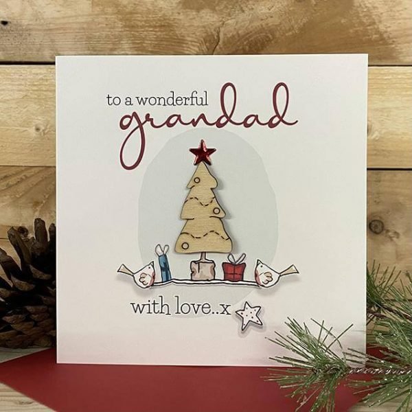 A Granddad Christmas card featuring a really cute festive scene with a wooden cut out tree feature