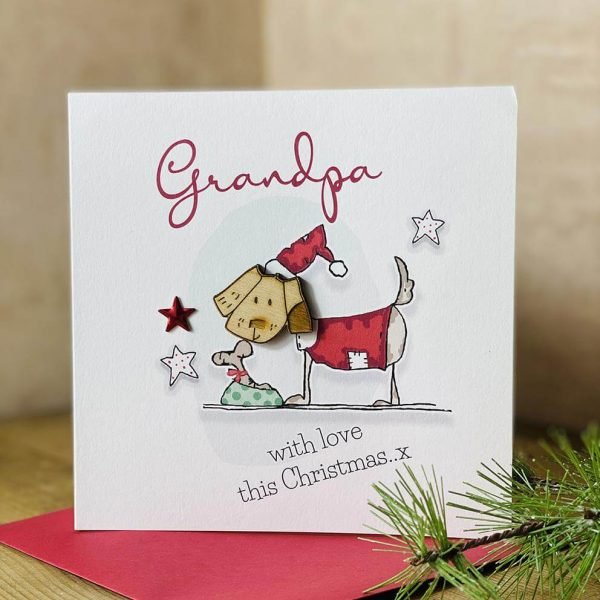 A Grandpa Christmas card featuring a really cute festive dog with a wooden cut out feature