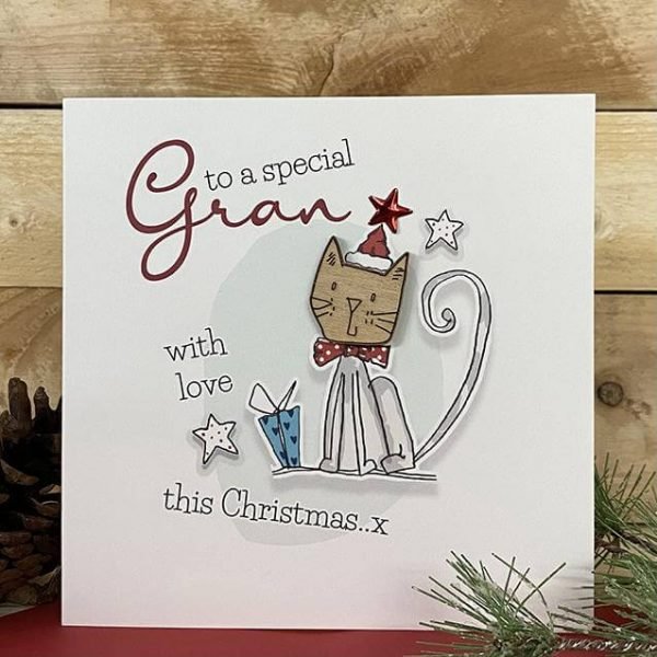 A Christmas card for Gran. A lovely hand drawn design featuring a cat in wooden cut out.