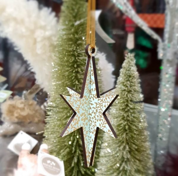 A wooden Christmas star decoration made from laser cut wood. A 3D star decorated in duck egg blue and gold