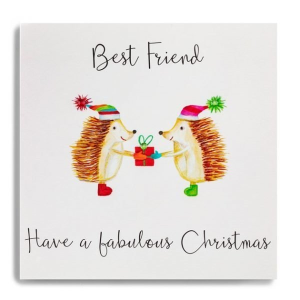 A cute card from Janie Wilson with an image of two christmas hedgehogs on it and the words Best Friend Have a Fabulous Christmas