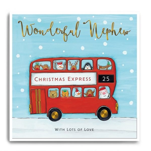 A cute card from Janie Wilson with an image of a bus with Christmas characters on it and the words Wonderful Nephew printed at the top.