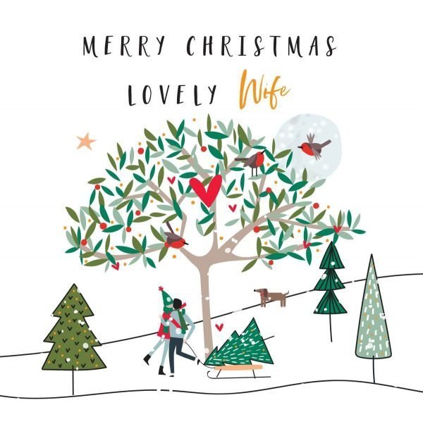 A Wife Christmas card with a hand drawn illustration of a tree with a heart and a couple with a dog with their Christmas tree on a sledge