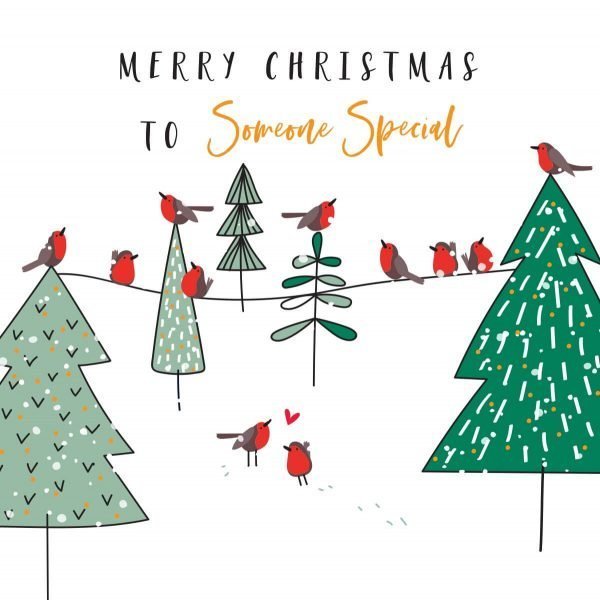 Someone Special Christmas card with a lovely illustration of a forest of Christmas trees and lots of robins. One pair of robins has a little red heart over them