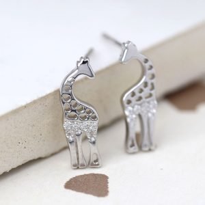 Silver giraffe stud earrings set with clear crystal stones