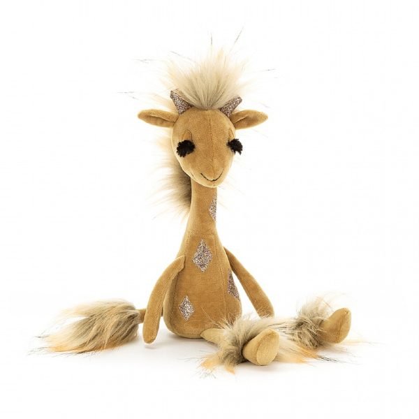 A cuddly Jellycat giraffe with a fluffy mane, tail and hooves. She has sparkly long eye lashes and shimmering patches on her body.