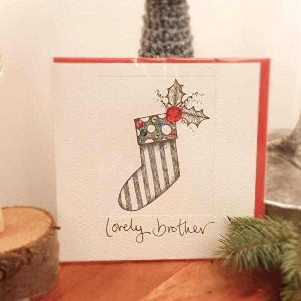 A lovely Brother Christmas card with a Christmas stocking and gem stone highlights