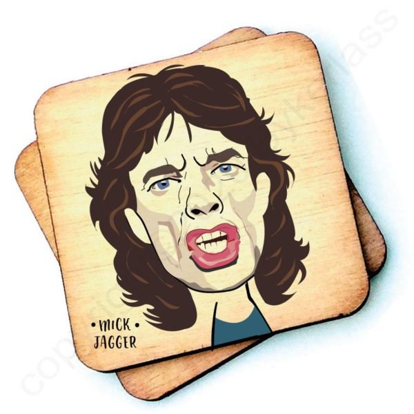 A wooden rustic coaster from Wotmalike with a characterised imahe of Mick Jagger.