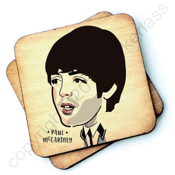 A wooden rustic coaster from Wotmalike with a characterised imahe of Paul McCartney.