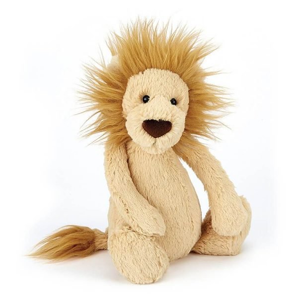 A cute lion soft toy 18cm high with a fluffy mane and soft cream furry body. Suitable from 1 year