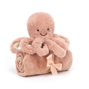 An apricot cuddly octopus attached to an apricot soft balnket. A lovely gift for a baby.