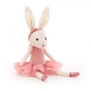 A cute ballerina bunny soft toy. In a soft cream velvet with a beautiful pink dress and tutu