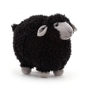 A cute rotund black sheep cuddly toy