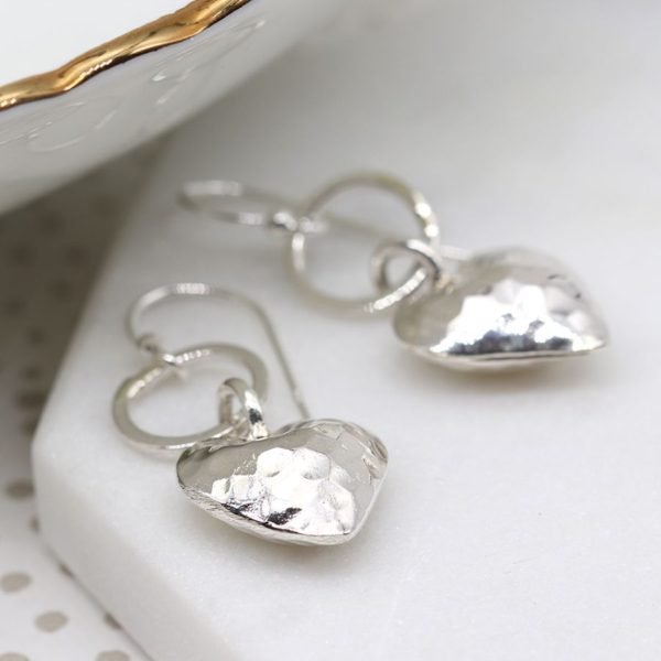 Silver Hammered Heart Drop Earrings The Dotty House 7302