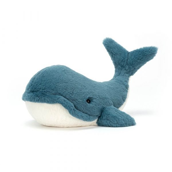 A beautiful teal and white cuddly soft toy Whale. Cute with a smiley face, suitable from birth
