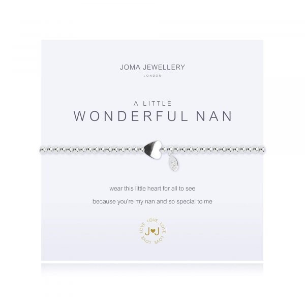 An elasticated silver plated beaded bracelet on a white card from Joma jewellery. The bracelet has a heart charm and the card reads Wonderful Nan - wear this little heart for all to see because you're my Nan and so special to me. Comes with a gift card for your own message and wrapped in a white gift bag tied with a satin ribbon