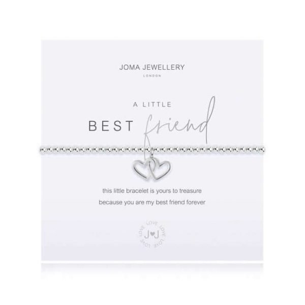 An elasticated bracelet from Joma with round silver plated brass beads and two interlocking silver hearts pendant from Joma. Presented on a white card printed with A little Best Friend - this little bracelet is yours to treasure, because you'll be my best friend forever
