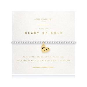 A Joma Jewellery bracelet which is silver plated with a gold plated heart on a square sentiment card with the wording ' A Little Heart of Gold' and 'this little bracelet I give to you because your heart of gold always shines through'.