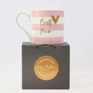 Pink and white striped bone china mug with best mum in gold text