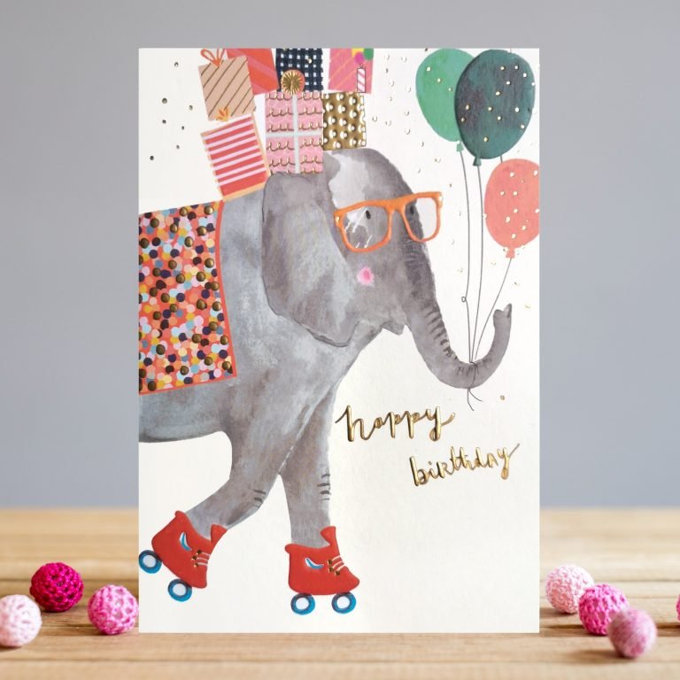 A fun card from Louise Tiler with an image on an elephant on roller skates on it's way to a party. The elephant has balloons attached to its trunk and presents on its back.