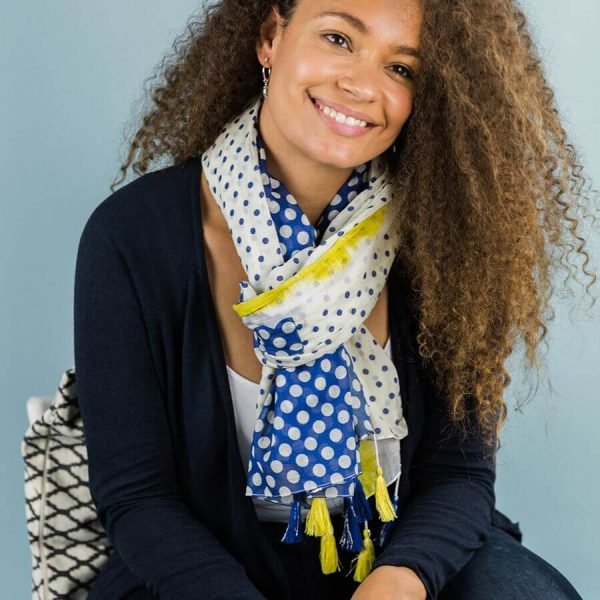 Polka Dot Summer Scarf. White scarf with mixed polkadot prints and tassels in blue and vibrant yellow