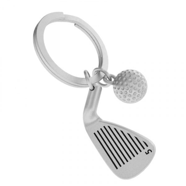 A matt silver key ring with a golf club and ball